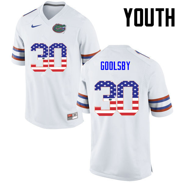 Youth Florida Gators #30 DeAndre Goolsby College Football USA Flag Fashion Jerseys-White - Click Image to Close
